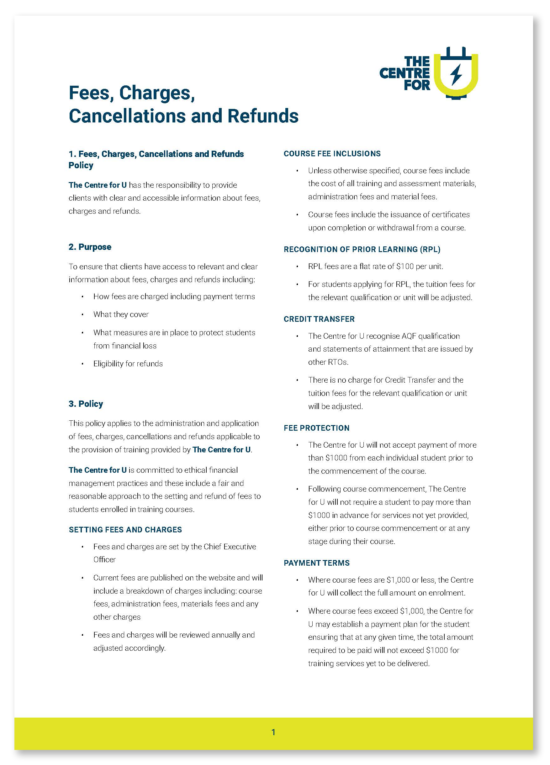 Fees Charges Cancellations and Refunds