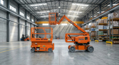 A scissor and boom lift, elevated work platforms, in a warehouse environment