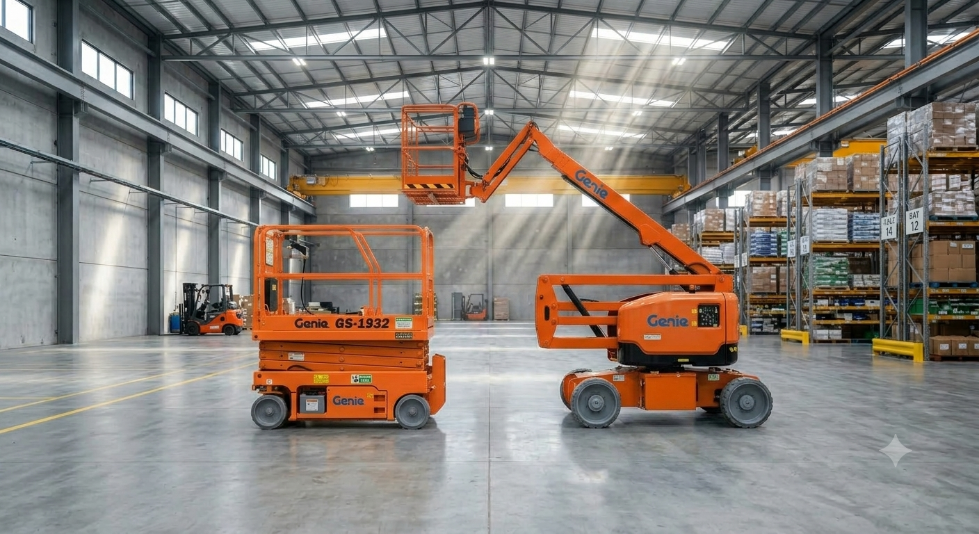 A scissor and boom lift, elevated work platforms, in a warehouse environment