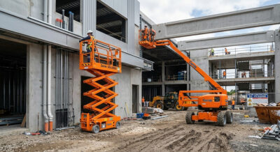 A scissor and boom lift, elevated work platforms, in a construction environment